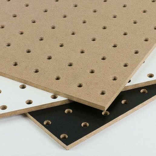 Fibrex HDF pegboard perforated panel in raw, white and black.