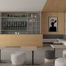 Modern café with Prism TFL WF467 Pelee Island Pear featuring Celadon and Ashen